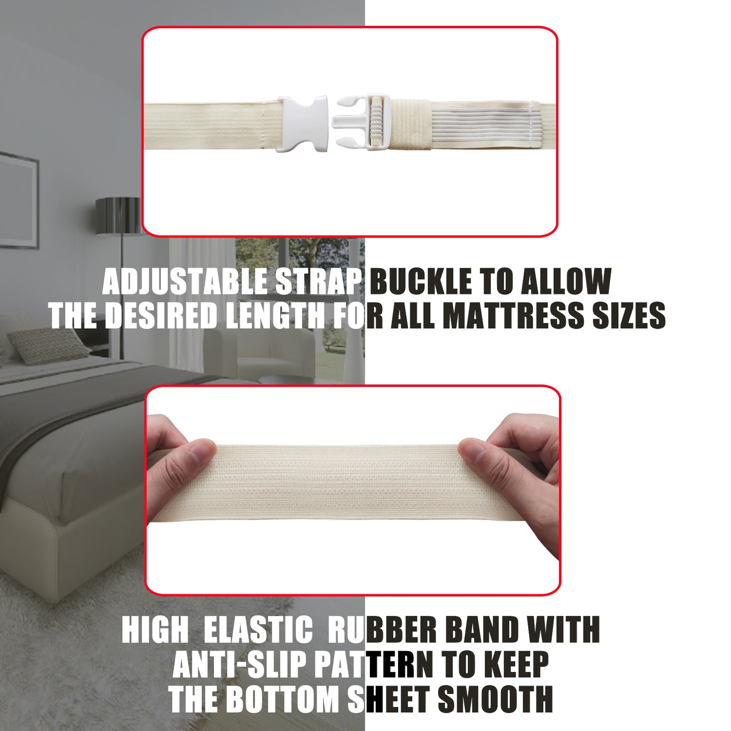 Non-slip elastic band for bed （360 Degree Holder） (Twin, Full, Queen, King, Adjustable Bed)