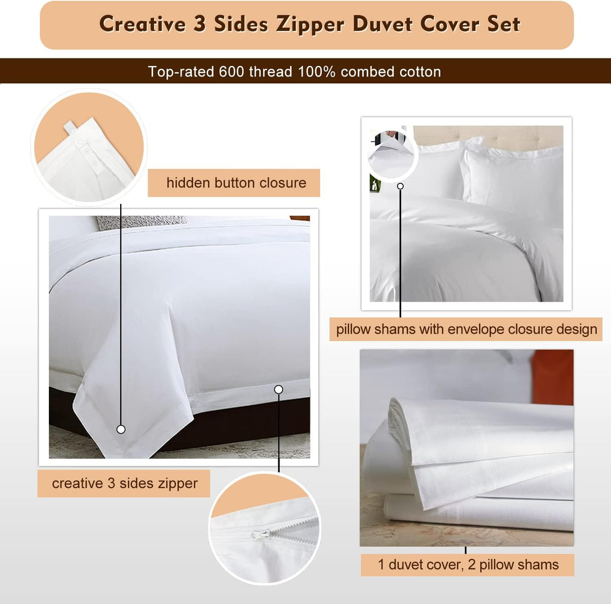 Duvet Cover Set- 3 Sided Zipper（ 1 Duvet Cover and 2 Pillow Shams ）( Queen / King )